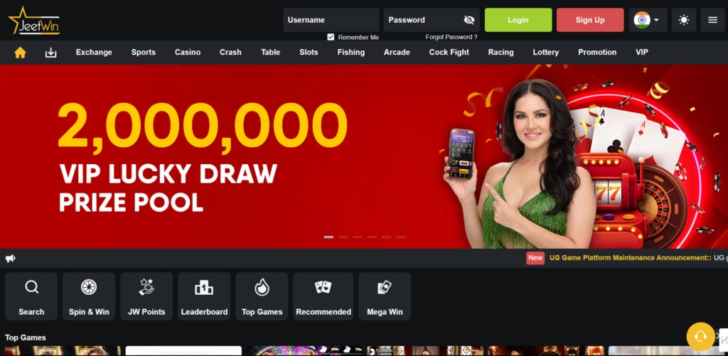 JeetWin Casino Homepage Interface